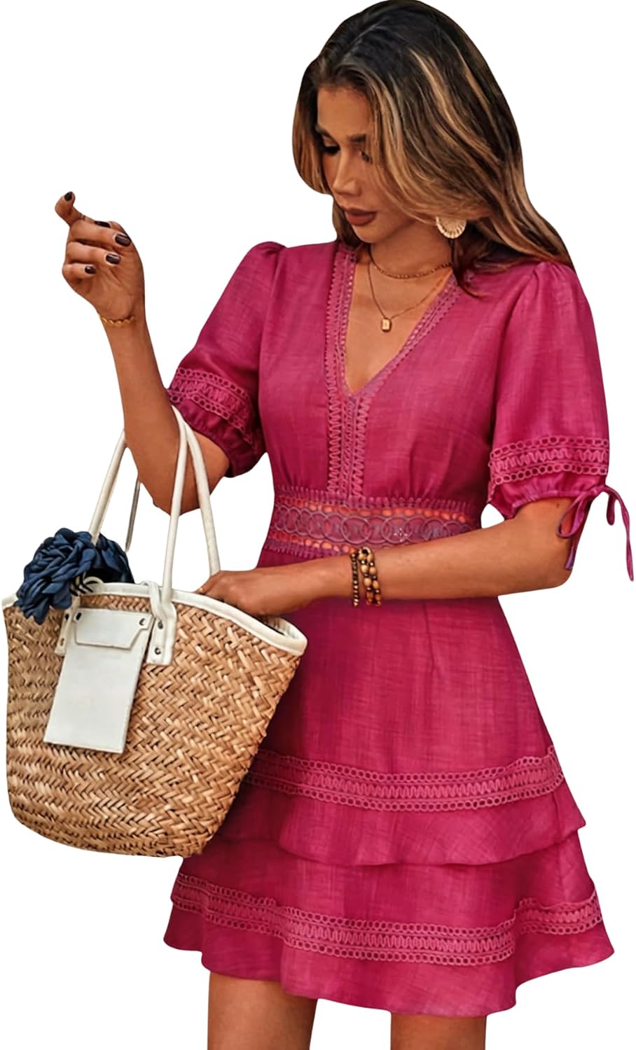 SOLY HUX Women's Summer Dress Lace Short Sleeve A Line Layered Short Dress | Hollow Out, ,V Neck, Puff Sleeve, Mini Dresses