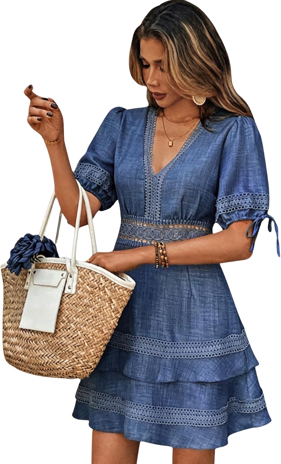 SOLY HUX Women's Summer Dress Lace Short Sleeve A Line Layered Short Dress | Hollow Out, ,V Neck, Puff Sleeve, Mini Dresses
