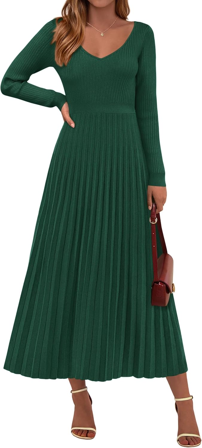 PRETTYGARDEN Sweater Dress Women Long Sleeve Maxi Flowy Pleated Dresses | Cozy Ribbed Knit, Swing A Line, Elegant Fall Outfits for Wedding Guest, Holiday Party, Date Night, Winter Office Work Clothes