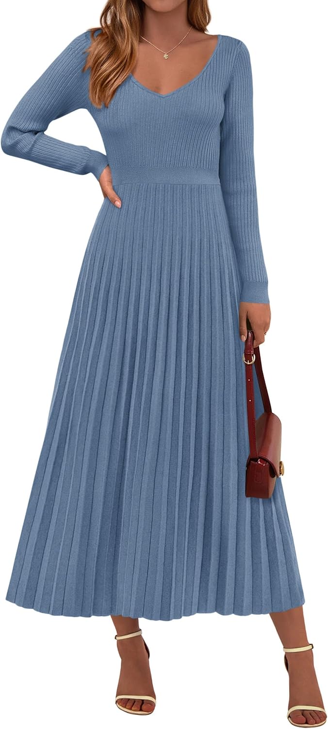 PRETTYGARDEN Sweater Dress Women Long Sleeve Maxi Flowy Pleated Dresses | Cozy Ribbed Knit, Swing A Line, Elegant Fall Outfits for Wedding Guest, Holiday Party, Date Night, Winter Office Work Clothes