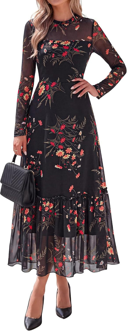 BTFBM Boho Mesh Long Sleeve Dress for Women | Mock Neck, Floral, A Line, Tiered, Baby Shower, Graduation, Wedding, Cocktail Maxi Dresses, 2026 Fall Fashion, Resort Wear
