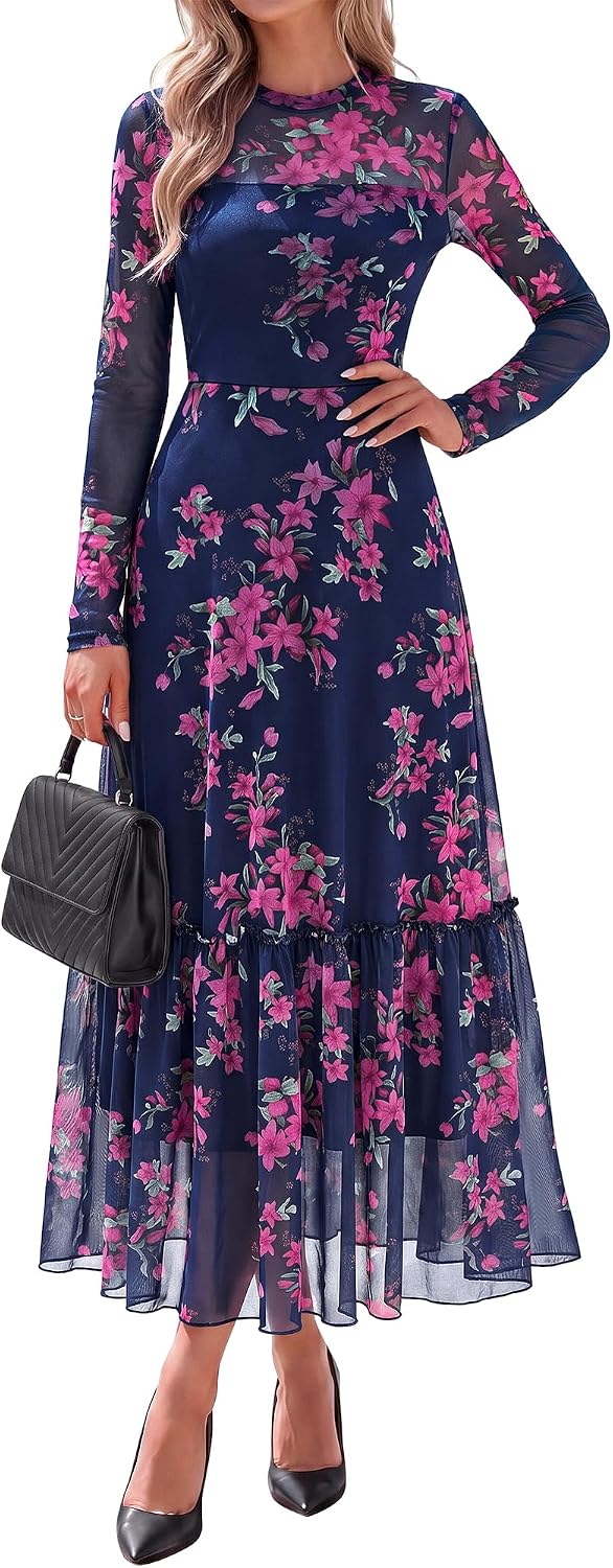 BTFBM Boho Mesh Long Sleeve Dress for Women | Mock Neck, Floral, A Line, Tiered, Baby Shower, Graduation, Wedding, Cocktail Maxi Dresses, 2026 Fall Fashion, Resort Wear