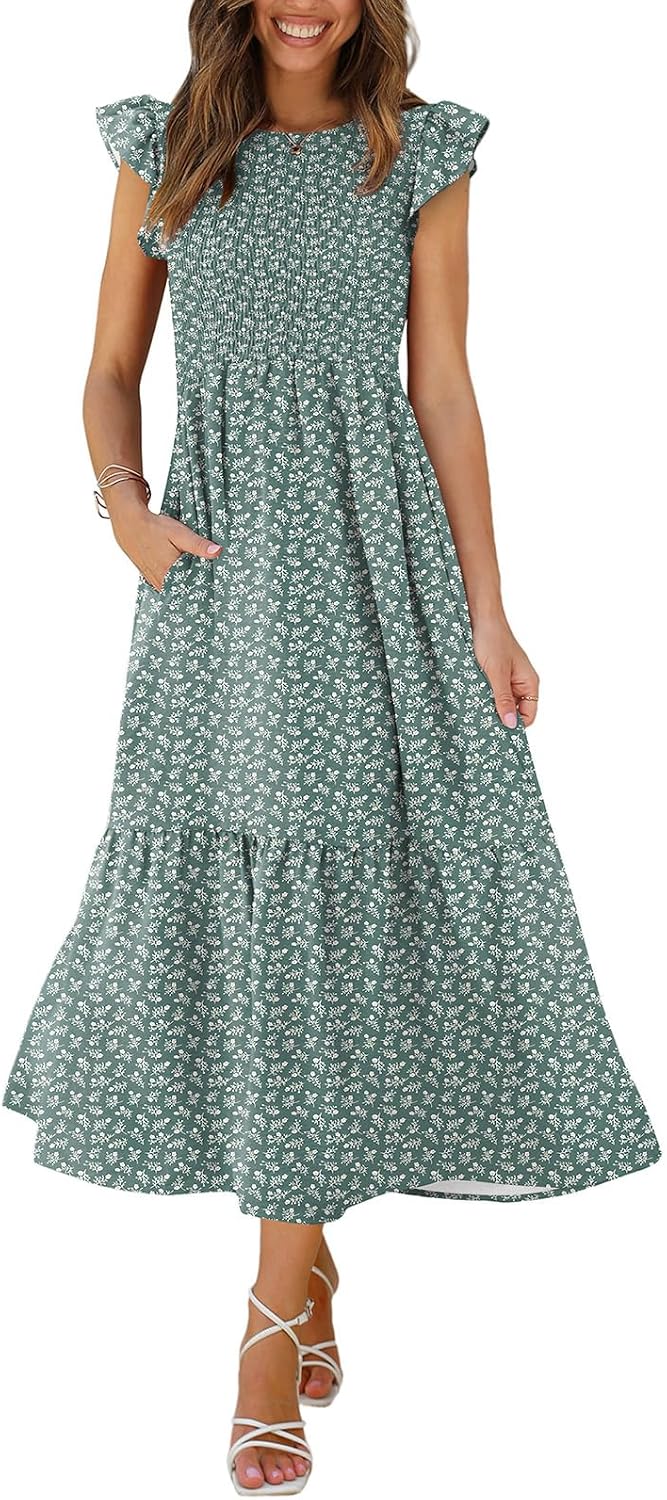 OFEEFAN Women's Casual Maxi Dresses with Pockets Ruffle Sleeve Smocked Dress XS-2XL