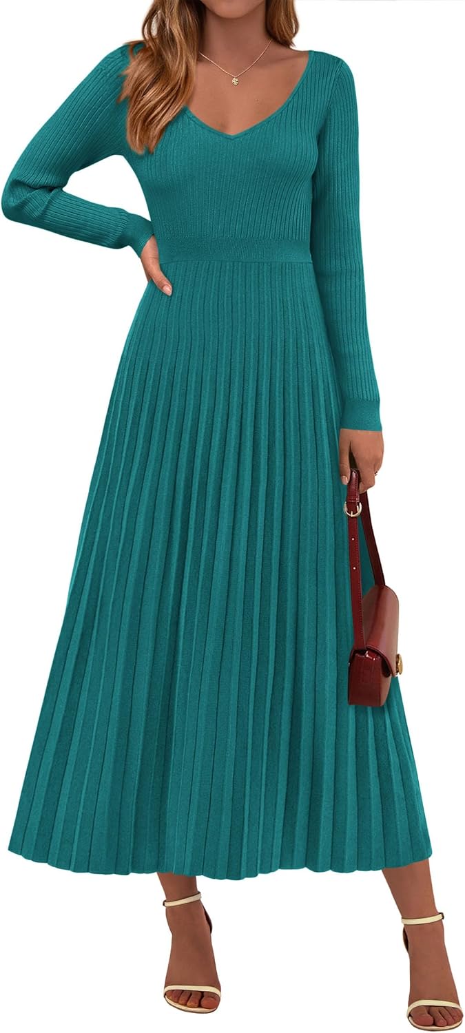 PRETTYGARDEN Sweater Dress Women Long Sleeve Maxi Flowy Pleated Dresses | Cozy Ribbed Knit, Swing A Line, Elegant Fall Outfits for Wedding Guest, Holiday Party, Date Night, Winter Office Work Clothes