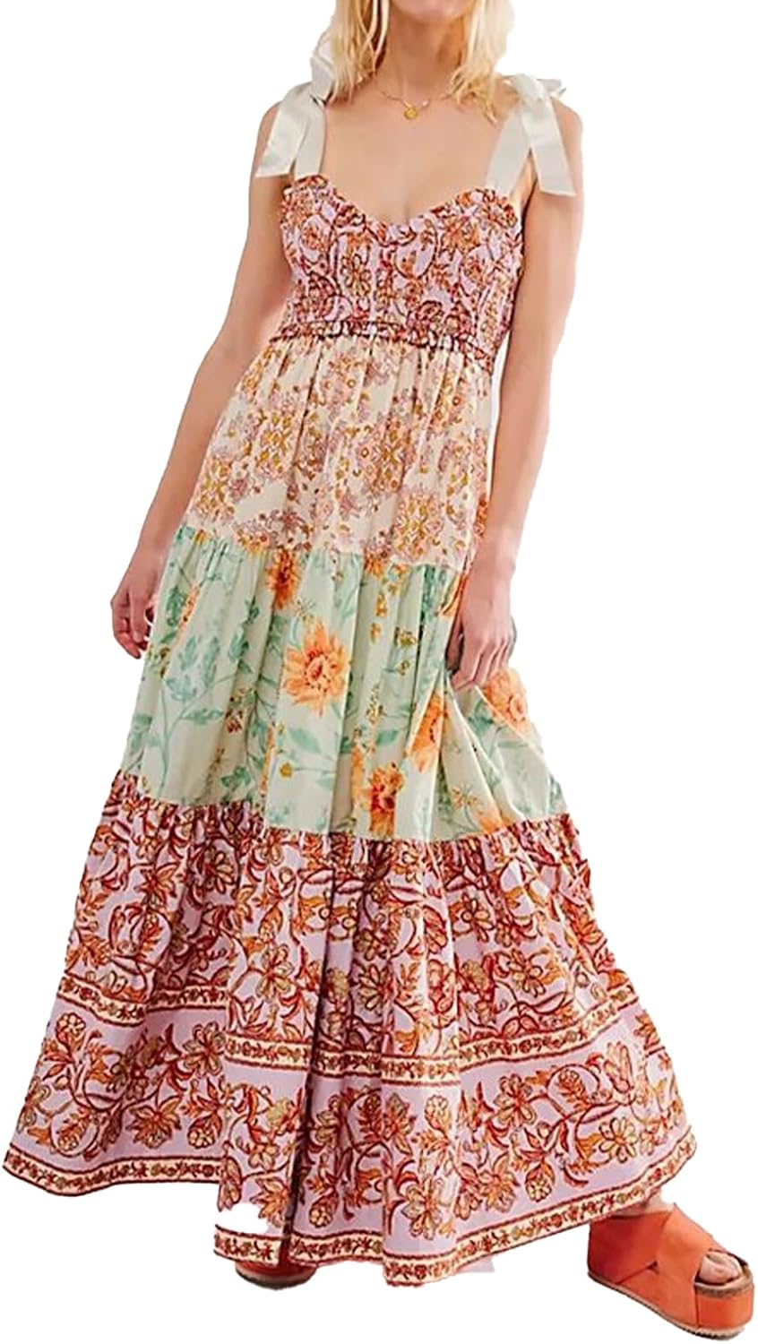 ABYOVRT Women Floral Maxi Dress Tie Shoulder Patchwork Smocked Flowy Boho Dress with Pockets Summer Vacation Sundress