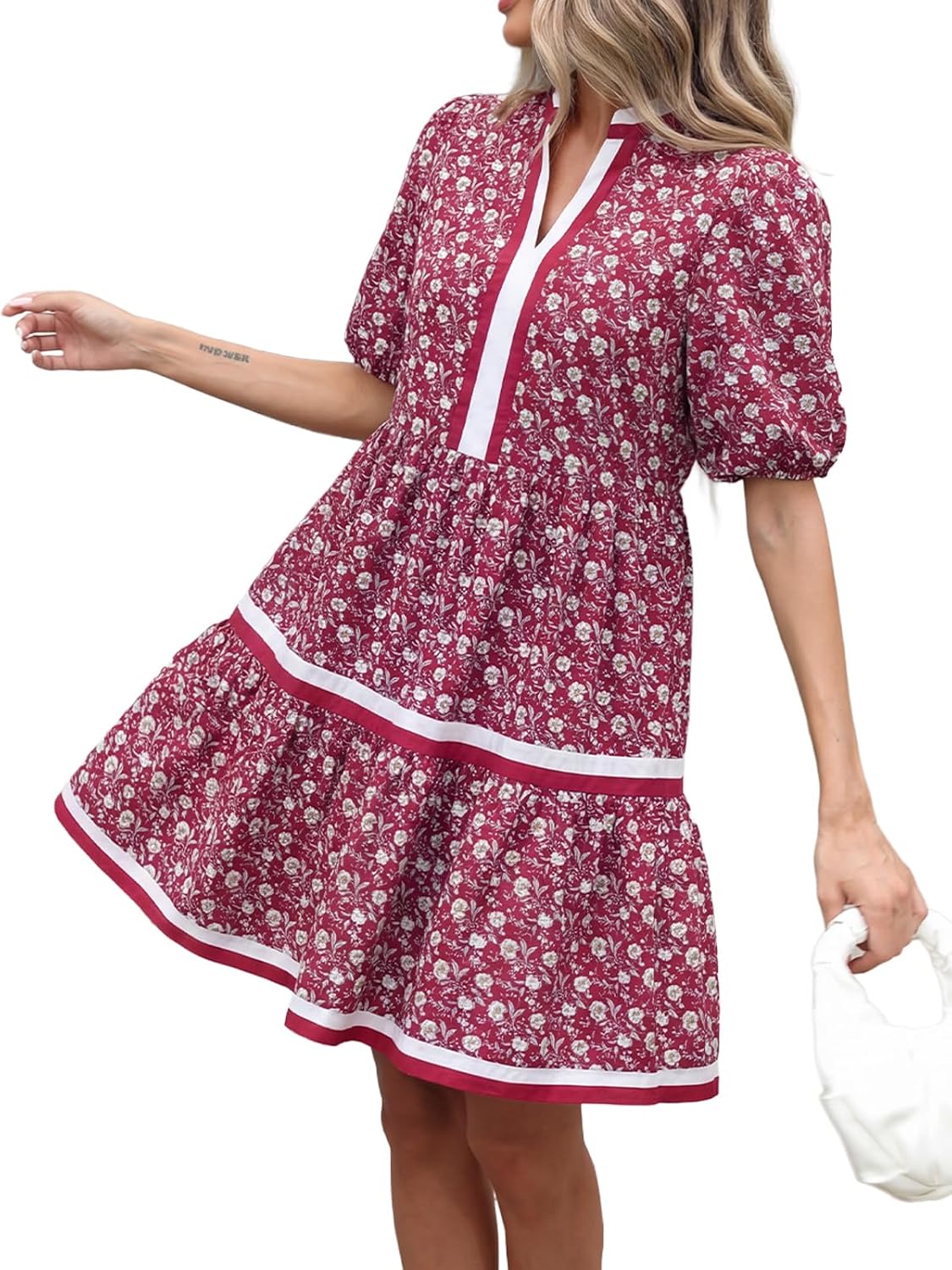 Women Floral Babydoll Mini Dress V Neck Puff Sleeve Striped Color Block Sundress