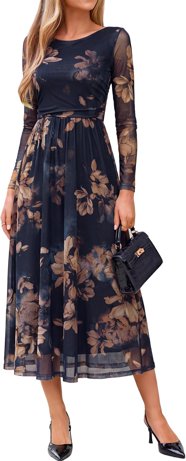 Simplee Womens Fall Floral Long Sleeve Cocktail Wedding Guest Maxi Dress | Elegant Semi Formal, Winter Holiday Party, A Line Flowy, Boho Long Dress, Ruched High Waist, Boat Neck, Elastic Mesh