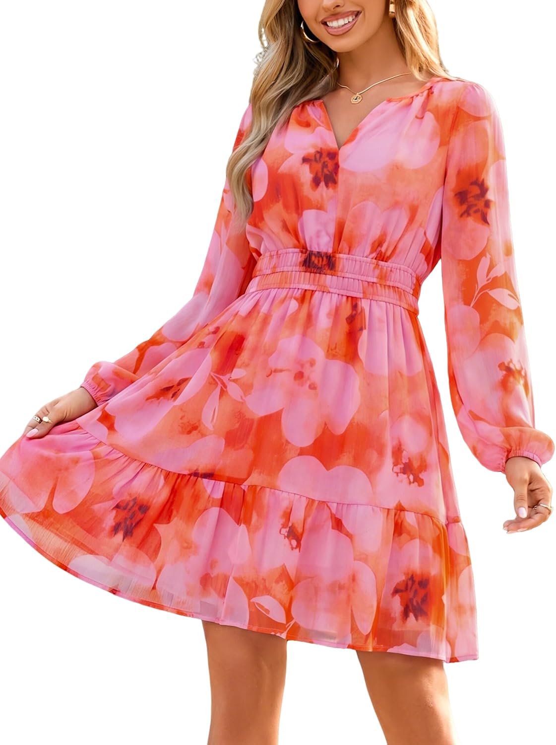Simplee Womens Fall Floral Mini Dress Boho Chiffon Flowy Short Dress | Long Sleeve, Wedding Guest, V Neck, Empire Waist, A Line, Baby Shower, Casual, Lightweight