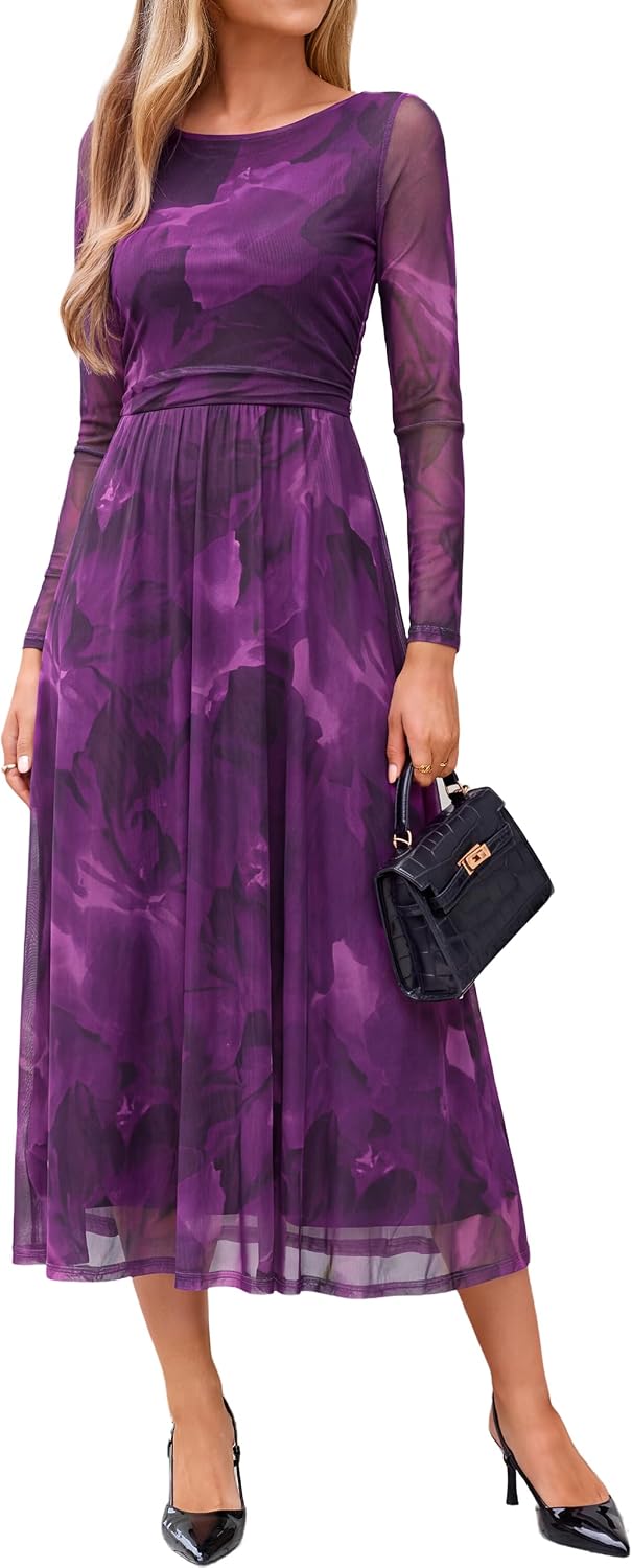 Simplee Womens Fall Floral Long Sleeve Cocktail Wedding Guest Maxi Dress | Elegant Semi Formal, Winter Holiday Party, A Line Flowy, Boho Long Dress, Ruched High Waist, Boat Neck, Elastic Mesh