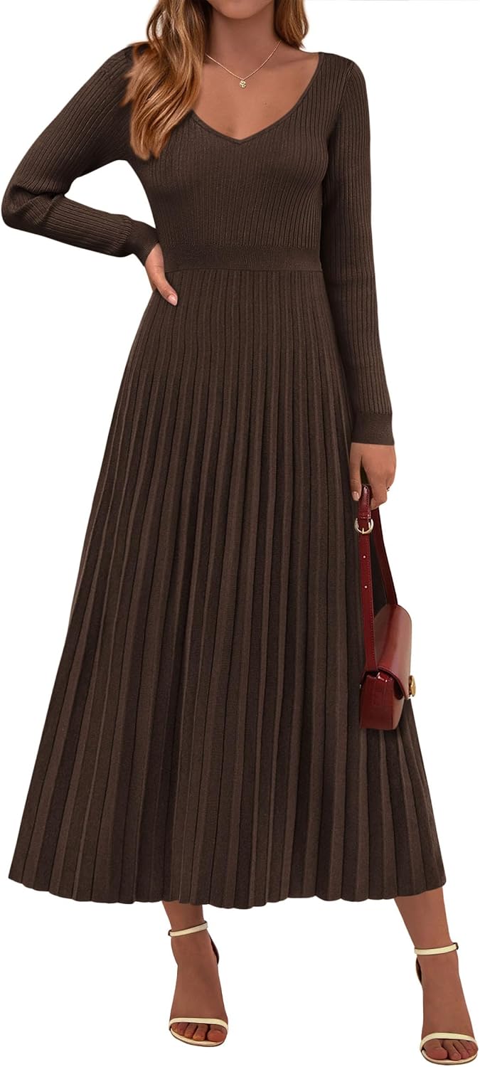 PRETTYGARDEN Sweater Dress Women Long Sleeve Maxi Flowy Pleated Dresses | Cozy Ribbed Knit, Swing A Line, Elegant Fall Outfits for Wedding Guest, Holiday Party, Date Night, Winter Office Work Clothes