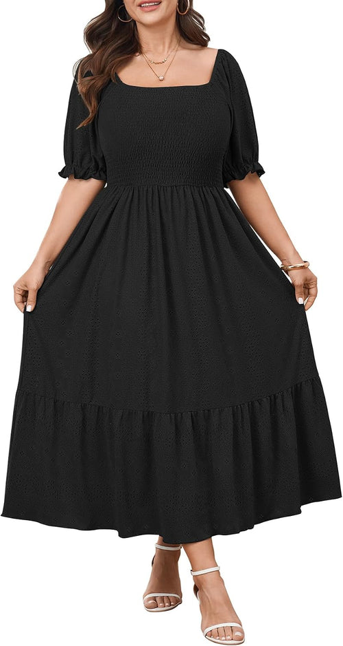 CICIDUDU Plus Size Casual Summer Milkmaid Maxi Dresses for Curvy Women | Smocked, Flowy, A-Line, Baby Shower, Maternity, Graduation, Bridesmaid, Party, Birthday Wedding Guest Dress