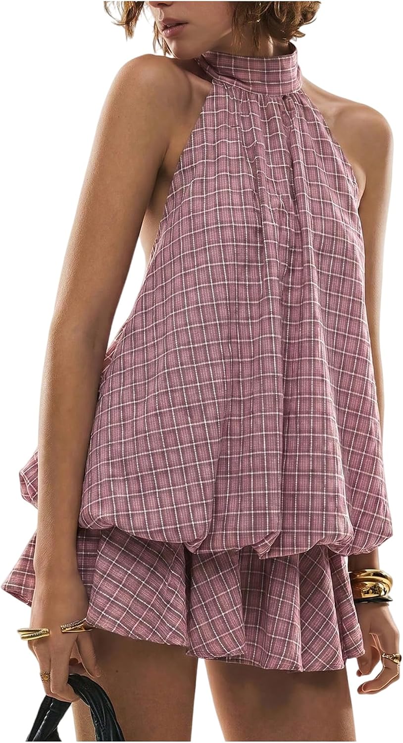Floerns Women's Gingham Halter Mini Dress Y2k Backless Ruffle Hem Dresses | Plaid, Tie Open Back, Bubble Dress, Built in Shorts, Sundress, Going Out Outfits