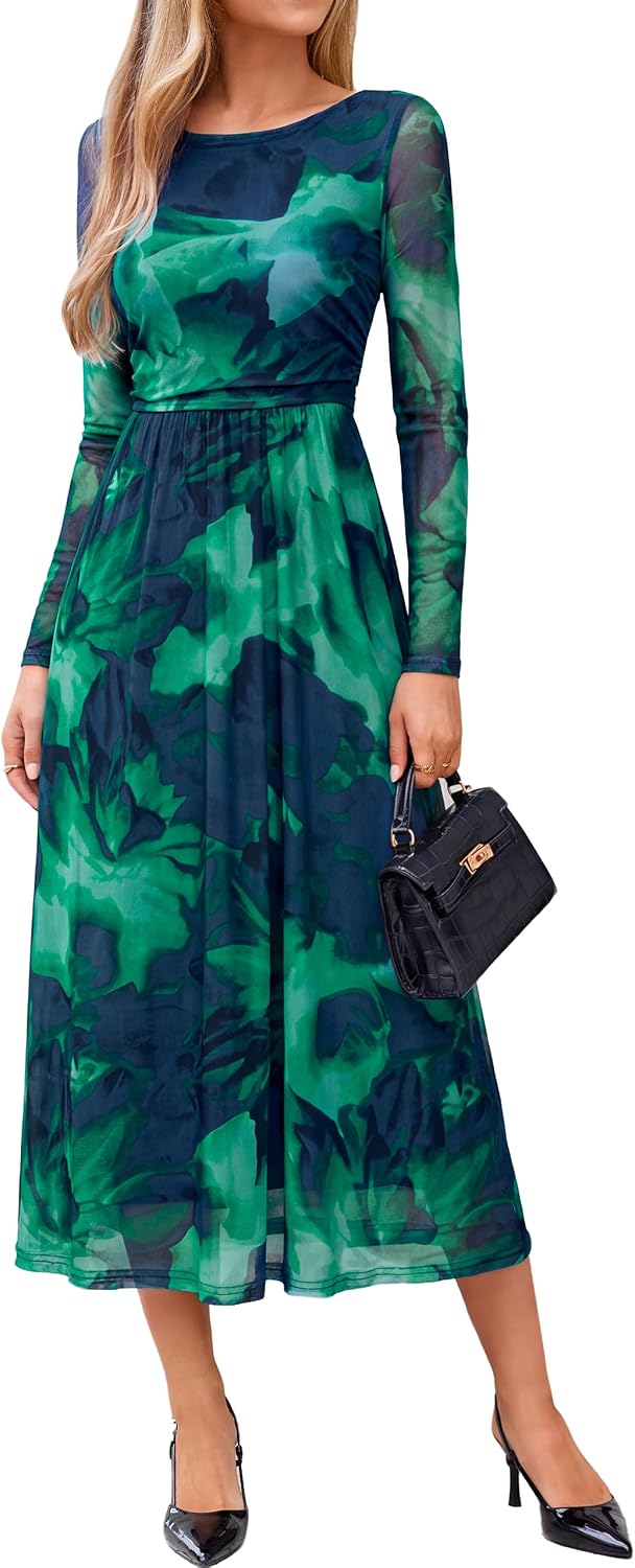 Simplee Womens Fall Floral Long Sleeve Cocktail Wedding Guest Maxi Dress | Elegant Semi Formal, Winter Holiday Party, A Line Flowy, Boho Long Dress, Ruched High Waist, Boat Neck, Elastic Mesh