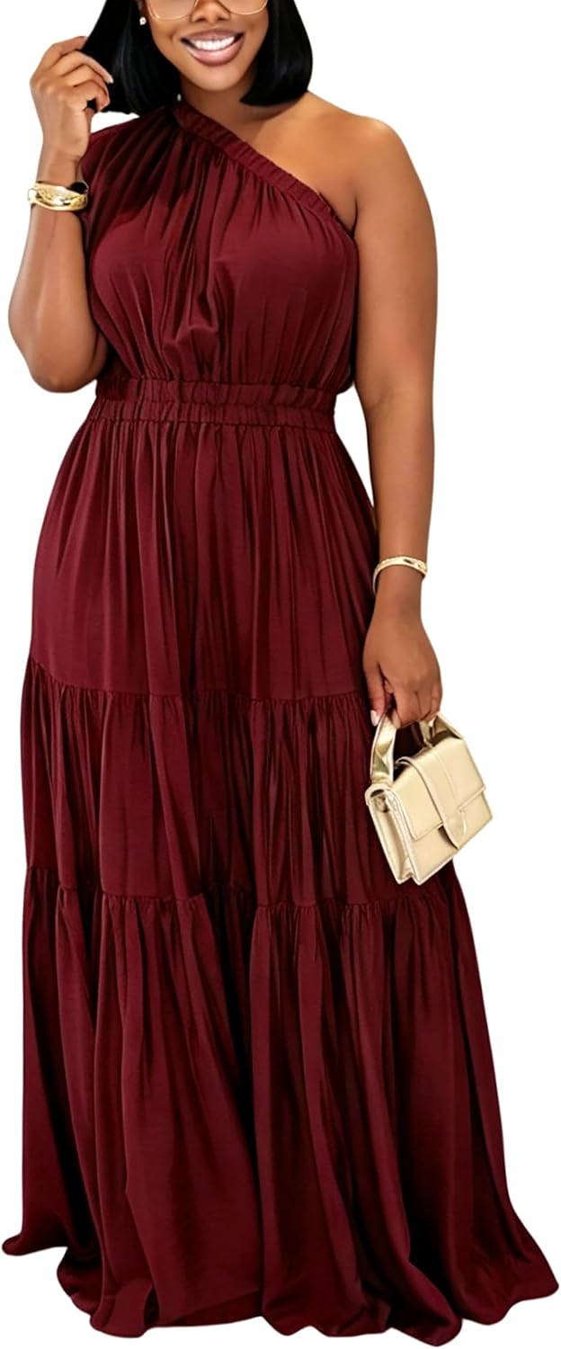 YUEWOO Casual Summer Dresses for Women One Shoulder Sleeveless Boho Beach Maxi Dress Flowy Long Sundresses Vacation Outfits