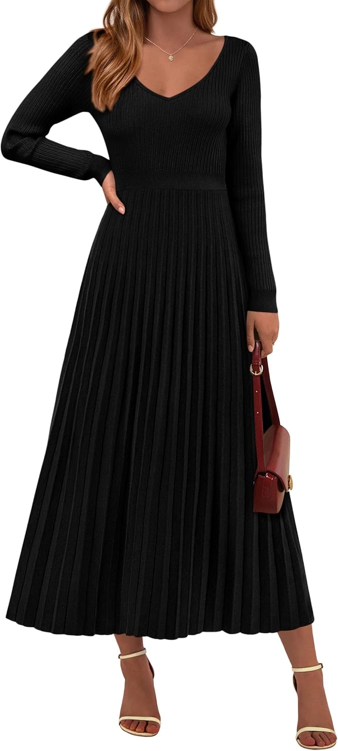 PRETTYGARDEN Sweater Dress Women Long Sleeve Maxi Flowy Pleated Dresses | Cozy Ribbed Knit, Swing A Line, Elegant Fall Outfits for Wedding Guest, Holiday Party, Date Night, Winter Office Work Clothes