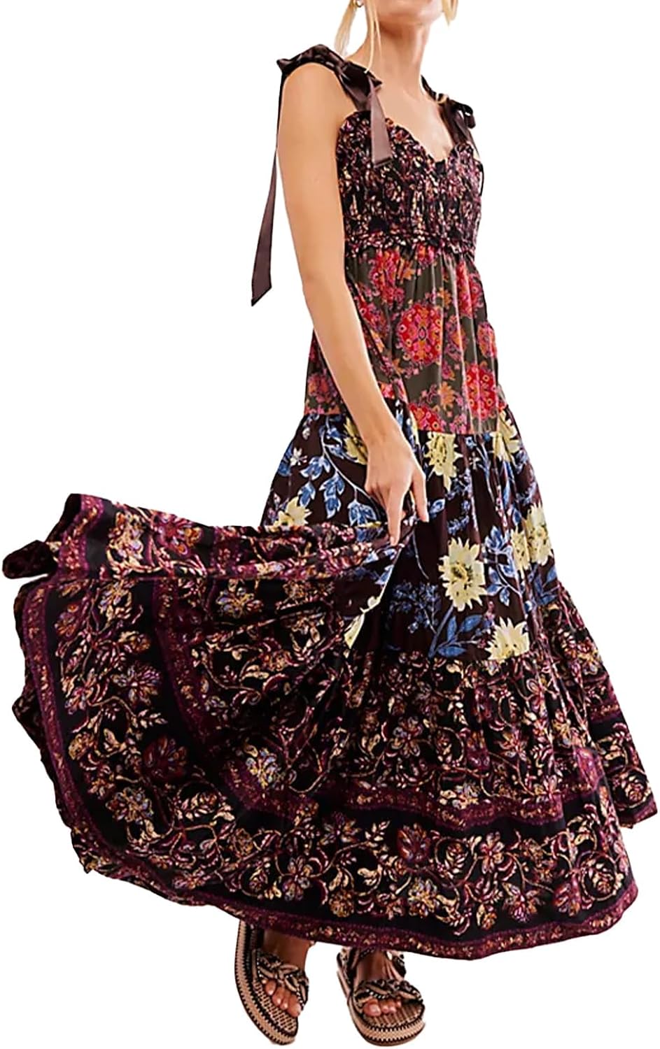ABYOVRT Women Floral Maxi Dress Tie Shoulder Patchwork Smocked Flowy Boho Dress with Pockets Summer Vacation Sundress