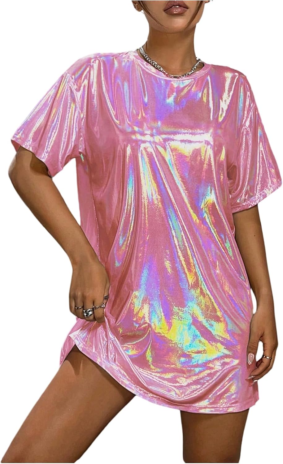 SHENHE Women's Y2k Shiny Holographic Metallic Disco Oversized Tshirt Dress | Short Sleeve,Party Disco Dress,Drop Shoulder,Shimmer Dress