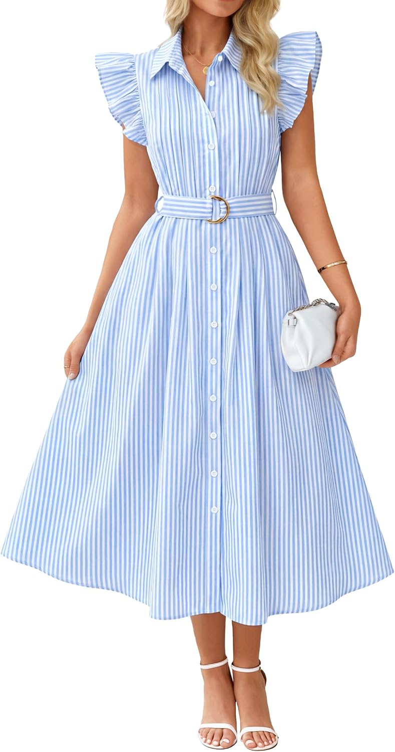 ZESICA Womens Summer Button Midi Dress Casual Work Dresses | Belted Dress,Button Down,Flutter Short Sleeve Dress with Pockets,Travel Vacation Dress,Business Casual Dress,Fashion Clothes