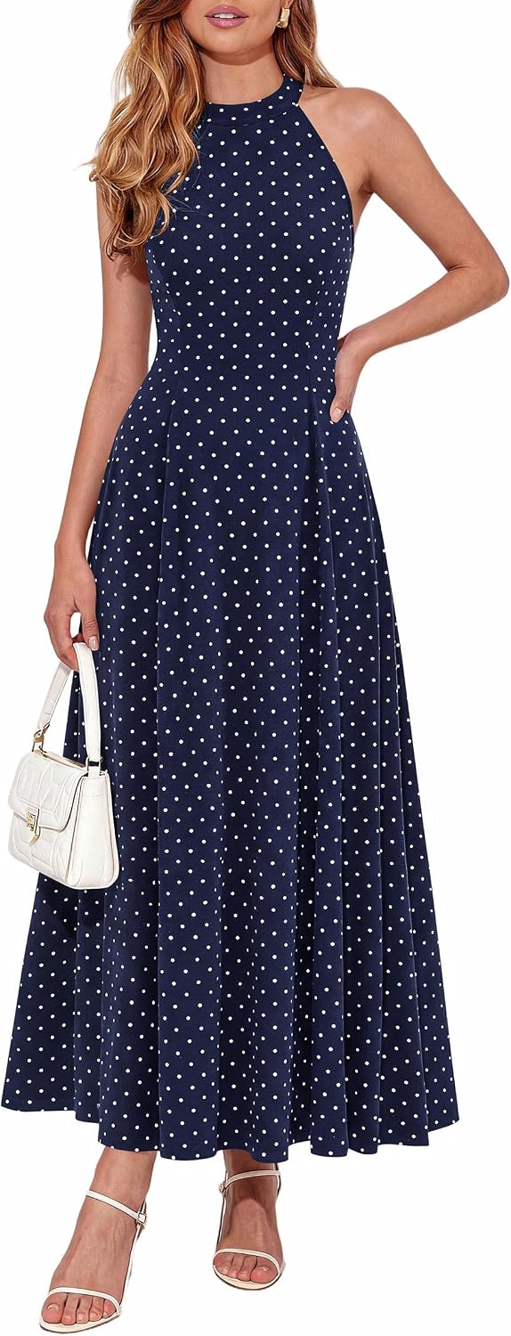 PRETTYGARDEN Summer Flowy Halter Dresses for Women | Elegant Floral\/Polka Dot Print,Sleeveless A-Line,Maxi Long Sundress,Beach Vacation Outfits,Party Wedding Guest Dress