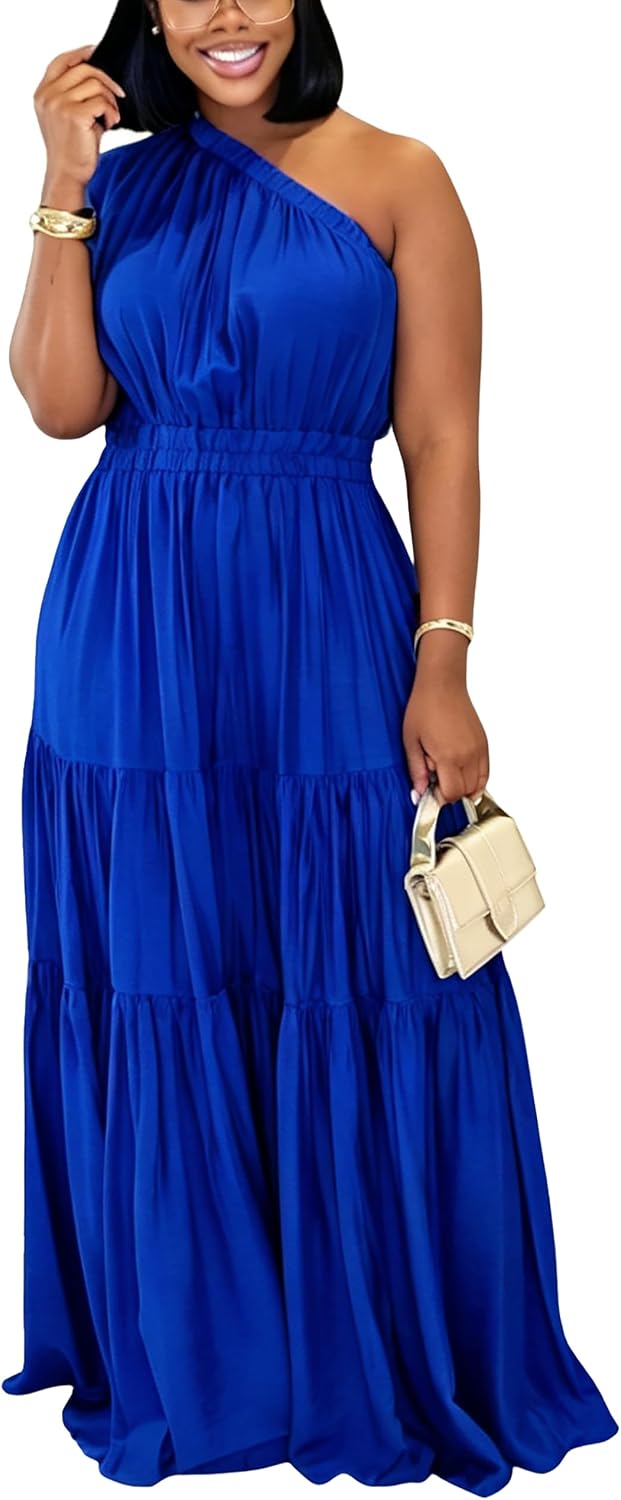 YUEWOO Casual Summer Dresses for Women One Shoulder Sleeveless Boho Beach Maxi Dress Flowy Long Sundresses Vacation Outfits