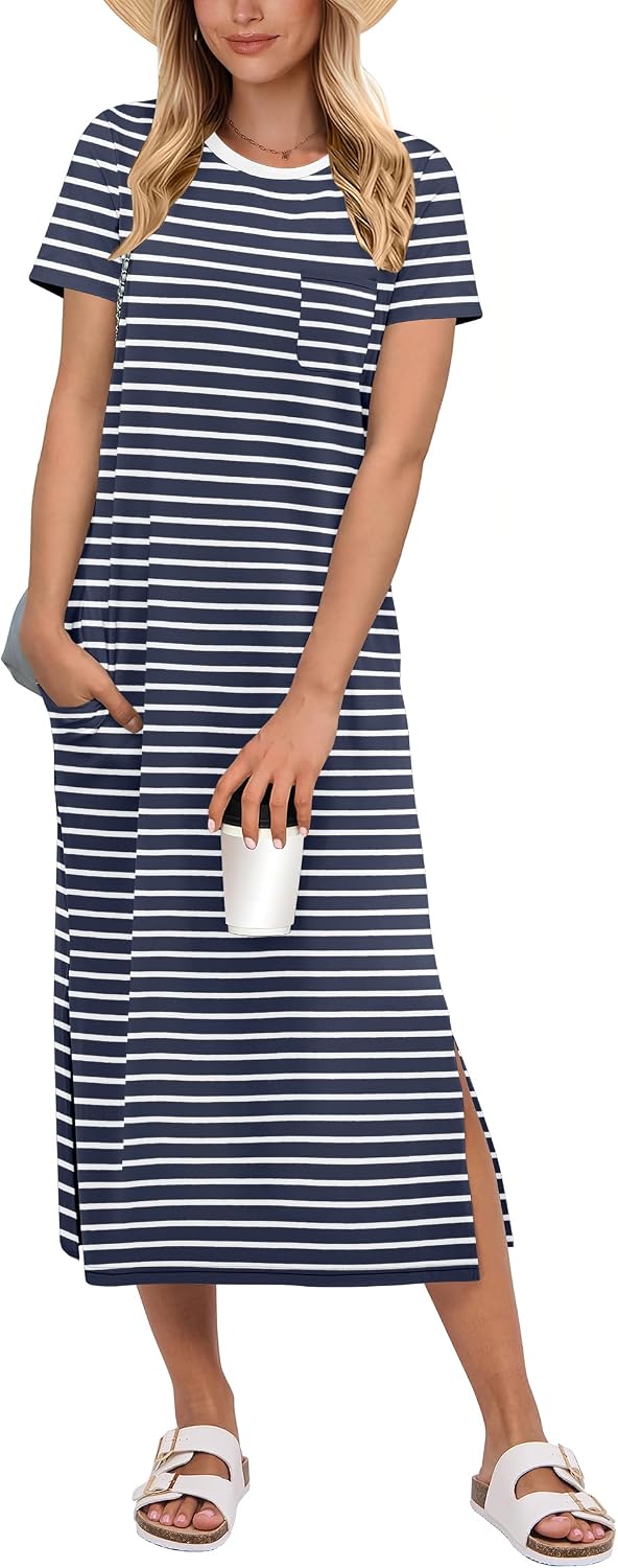 ANRABESS Womens Midi Dress,Summer Long Tshirts Dresses,Short Sleeve Split Stripe,Comfy Travel Beach Vacation Casual Wear