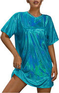 SHENHE Women's Y2k Shiny Holographic Metallic Disco Oversized Tshirt Dress | Short Sleeve,Party Disco Dress,Drop Shoulder,Shimmer Dress