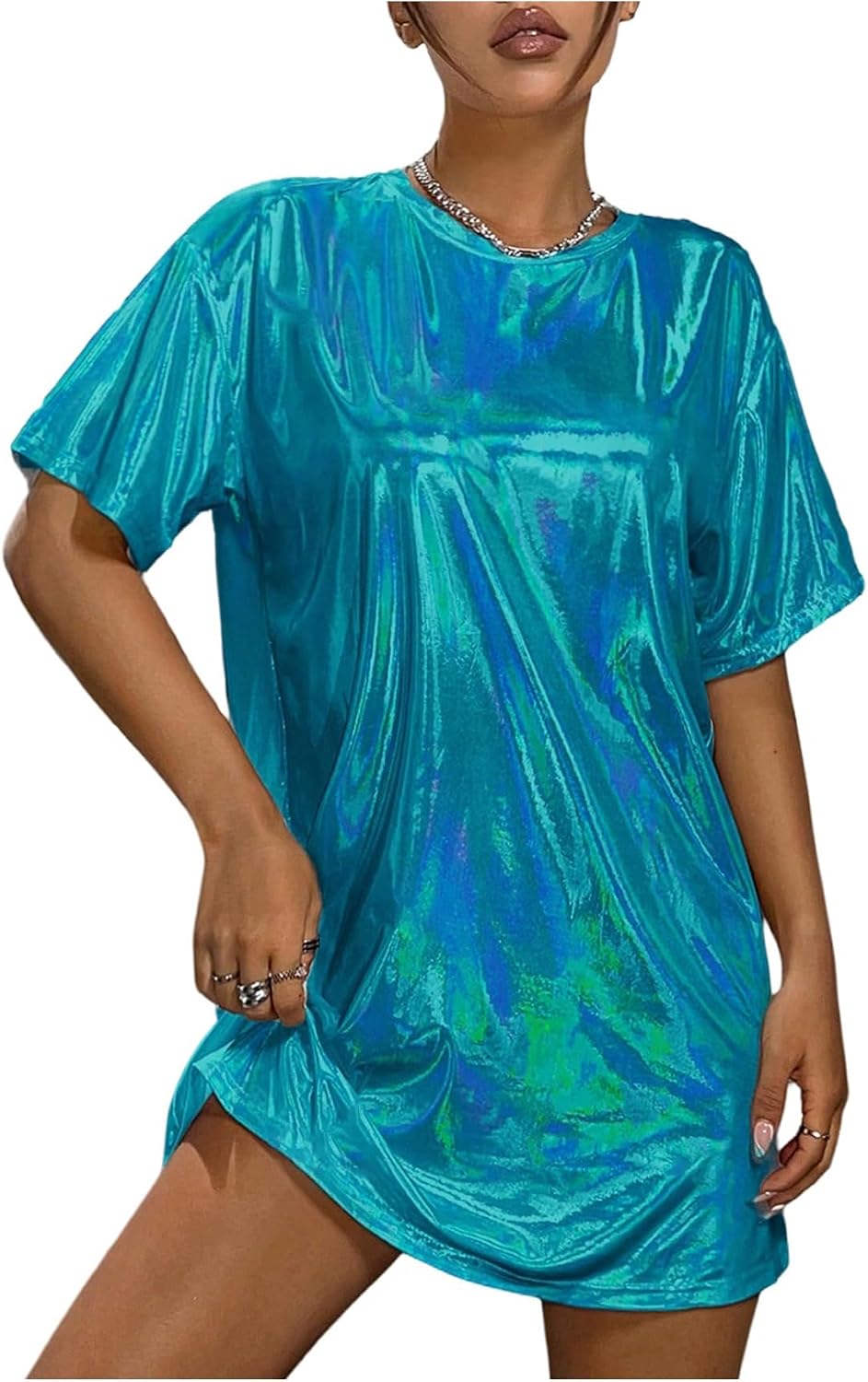 SHENHE Women's Y2k Shiny Holographic Metallic Disco Oversized Tshirt Dress | Short Sleeve,Party Disco Dress,Drop Shoulder,Shimmer Dress