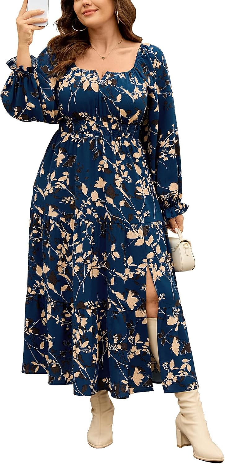 SCOMCHIC Womens Plus Size Formal Dress Fall Long Sleeve Square Neck Flowy A Line Tiered Side Split Wedding Guest Maxi Dress