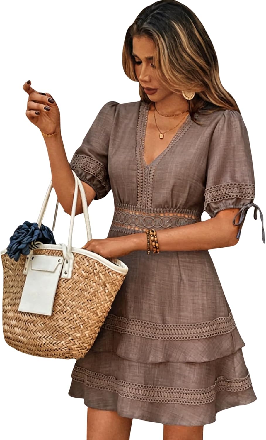 SOLY HUX Women's Summer Dress Lace Short Sleeve A Line Layered Short Dress | Hollow Out, ,V Neck, Puff Sleeve, Mini Dresses