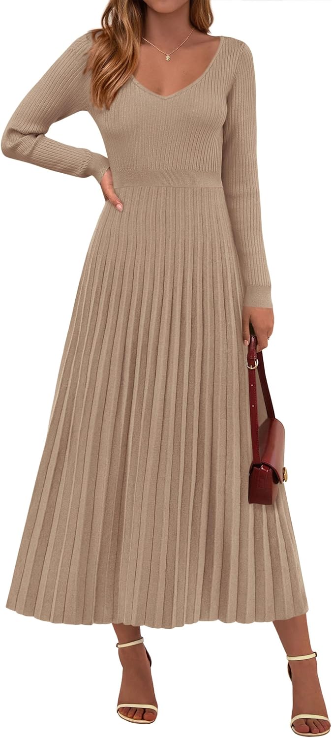 PRETTYGARDEN Sweater Dress Women Long Sleeve Maxi Flowy Pleated Dresses | Cozy Ribbed Knit, Swing A Line, Elegant Fall Outfits for Wedding Guest, Holiday Party, Date Night, Winter Office Work Clothes