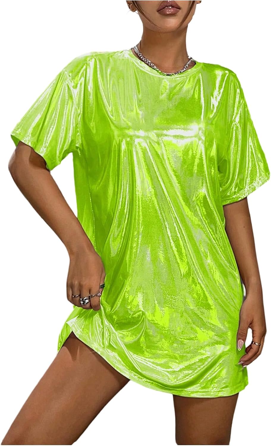 SHENHE Women's Y2k Shiny Holographic Metallic Disco Oversized Tshirt Dress | Short Sleeve,Party Disco Dress,Drop Shoulder,Shimmer Dress