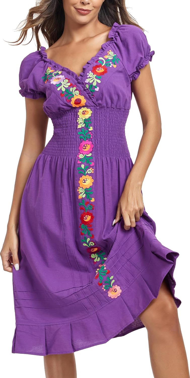 YZXDORWJ Women Mexican Embroidered Casual Dress Summer Ruffle V Neck Short Sleeves