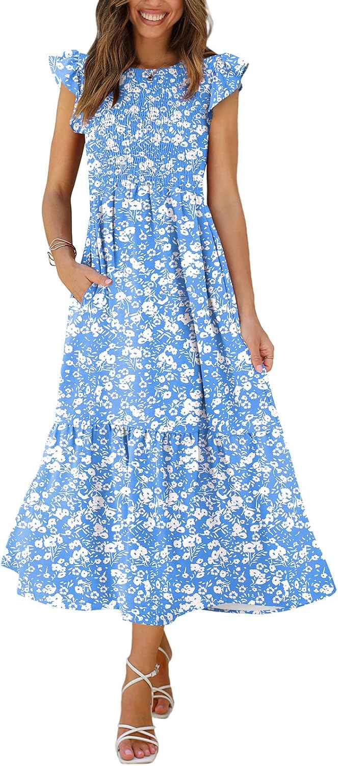 OFEEFAN Women's Casual Maxi Dresses with Pockets Ruffle Sleeve Smocked Dress XS-2XL