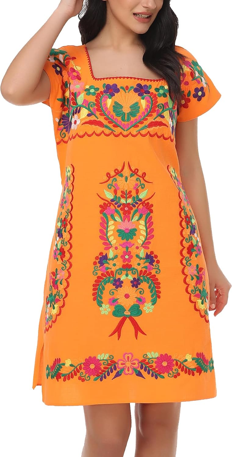 Womens Mexican Embroidered Dress Floral Short Sleeve Boho Mini Dress | Square Neck, Loose Shift Fit, Summer Beach Outfit, Fiesta Party Wear, Casual Sundress for Vacation