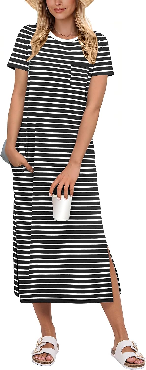 ANRABESS Womens Midi Dress,Summer Long Tshirts Dresses,Short Sleeve Split Stripe,Comfy Travel Beach Vacation Casual Wear