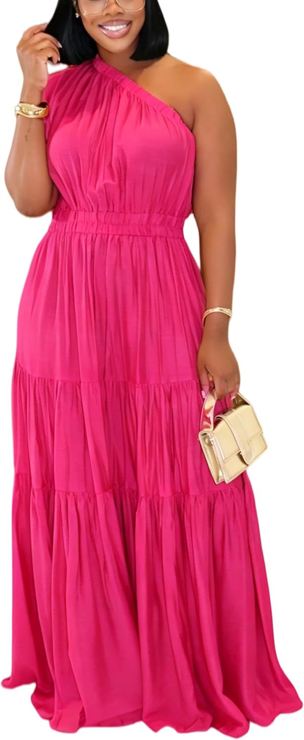 YUEWOO Casual Summer Dresses for Women One Shoulder Sleeveless Boho Beach Maxi Dress Flowy Long Sundresses Vacation Outfits