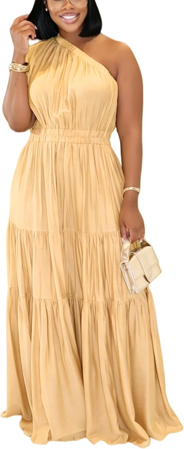 YUEWOO Casual Summer Dresses for Women One Shoulder Sleeveless Boho Beach Maxi Dress Flowy Long Sundresses Vacation Outfits