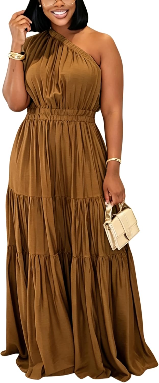 YUEWOO Casual Summer Dresses for Women One Shoulder Sleeveless Boho Beach Maxi Dress Flowy Long Sundresses Vacation Outfits