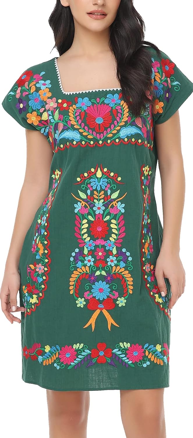 Womens Mexican Embroidered Dress Floral Short Sleeve Boho Mini Dress | Square Neck, Loose Shift Fit, Summer Beach Outfit, Fiesta Party Wear, Casual Sundress for Vacation
