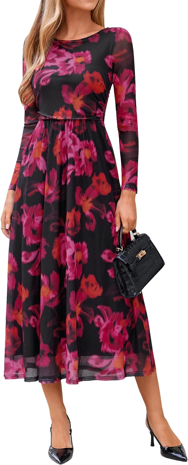 Simplee Womens Fall Floral Long Sleeve Cocktail Wedding Guest Maxi Dress | Elegant Semi Formal, Winter Holiday Party, A Line Flowy, Boho Long Dress, Ruched High Waist, Boat Neck, Elastic Mesh