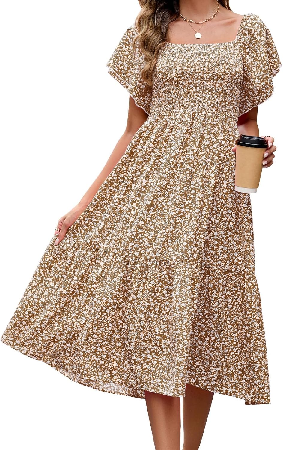 Summer Casual Floral Dresses for Women Beach Vacation Midi Sundresses Short Sleeve Square Neck Boho Flowy Smocked Dress