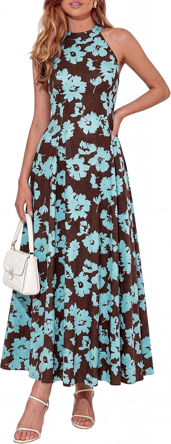PRETTYGARDEN Summer Flowy Halter Dresses for Women | Elegant Floral\/Polka Dot Print,Sleeveless A-Line,Maxi Long Sundress,Beach Vacation Outfits,Party Wedding Guest Dress