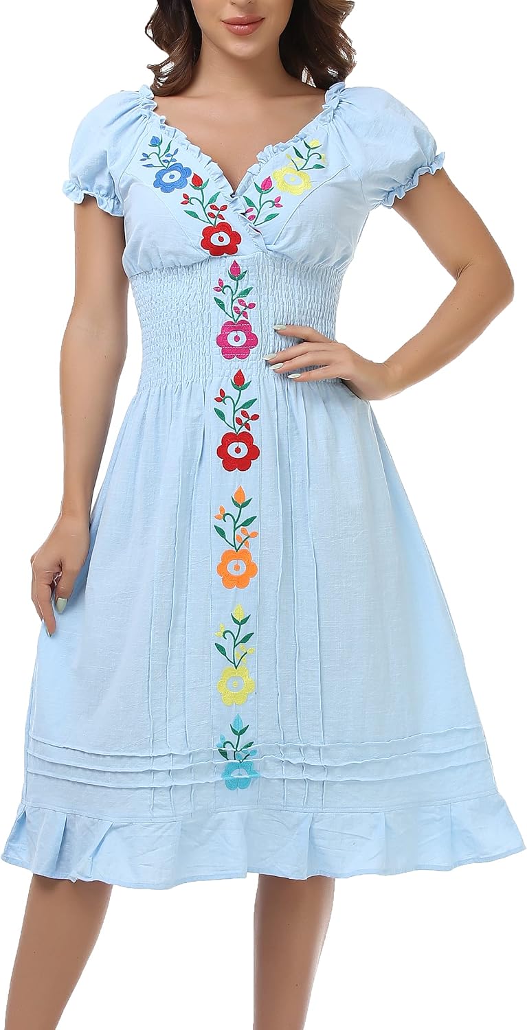 YZXDORWJ Women Mexican Embroidered Casual Dress Summer Ruffle V Neck Short Sleeves