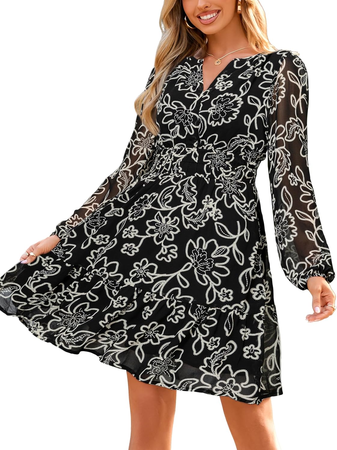 Simplee Womens Fall Floral Mini Dress Boho Chiffon Flowy Short Dress | Long Sleeve, Wedding Guest, V Neck, Empire Waist, A Line, Baby Shower, Casual, Lightweight