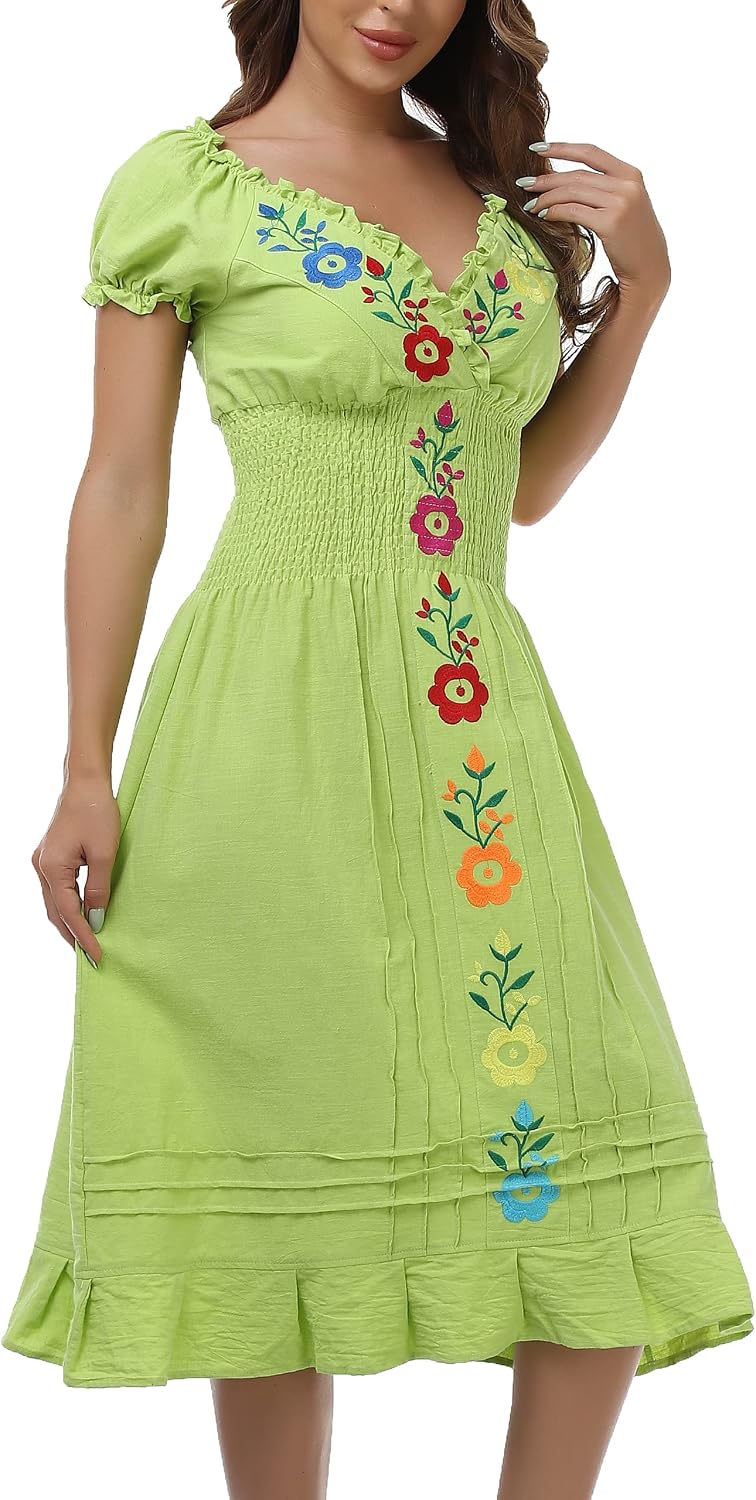 YZXDORWJ Women Mexican Embroidered Casual Dress Summer Ruffle V Neck Short Sleeves