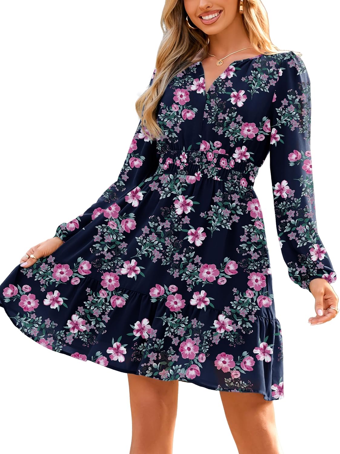 Simplee Womens Fall Floral Mini Dress Boho Chiffon Flowy Short Dress | Long Sleeve, Wedding Guest, V Neck, Empire Waist, A Line, Baby Shower, Casual, Lightweight
