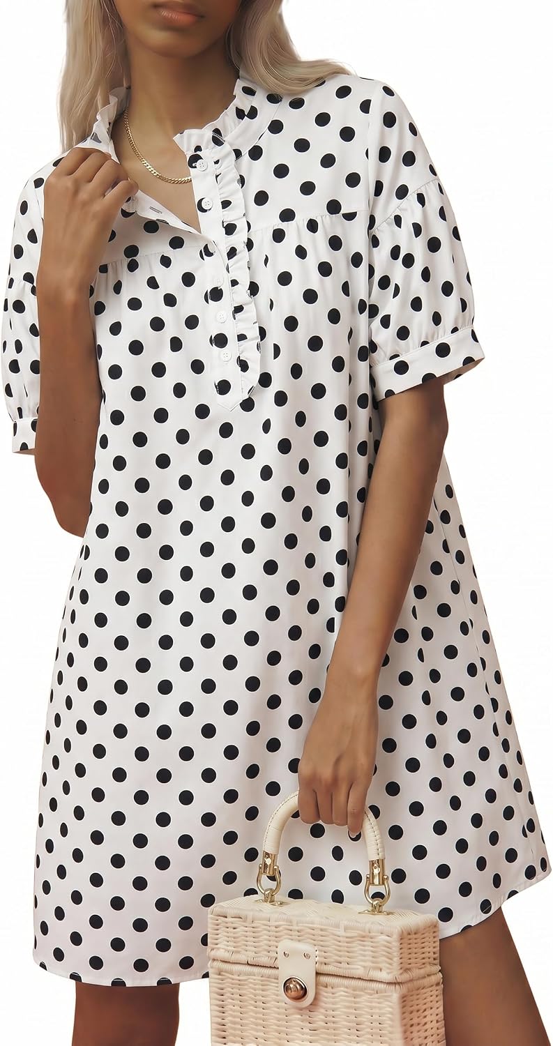 BLENCOT Summer Dresses for Women Puff Sleeve Striped Button Mini Dress | Dressy Casual Dresses, Women's Button Front Ruffle Collar Dress With Pockets Outfit for Work Vacation School
