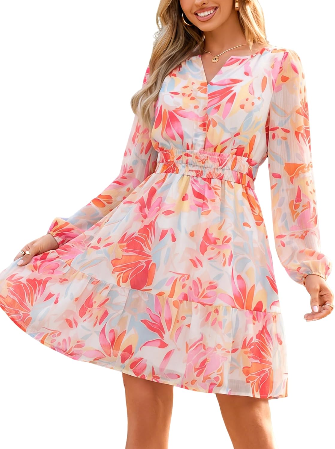 Simplee Womens Fall Floral Mini Dress Boho Chiffon Flowy Short Dress | Long Sleeve, Wedding Guest, V Neck, Empire Waist, A Line, Baby Shower, Casual, Lightweight