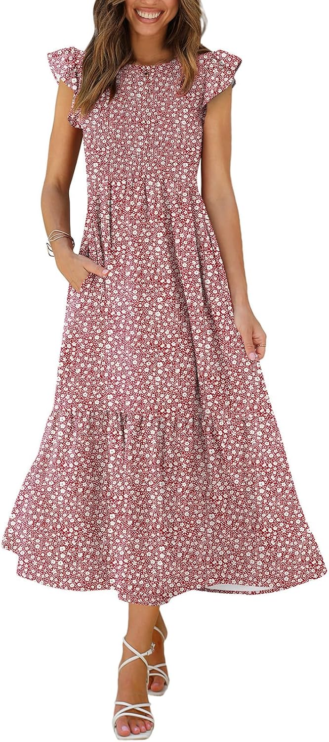 OFEEFAN Women's Casual Maxi Dresses with Pockets Ruffle Sleeve Smocked Dress XS-2XL