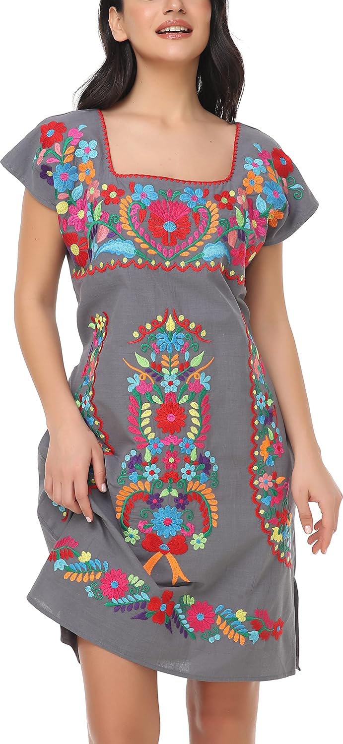 Womens Mexican Embroidered Dress Floral Short Sleeve Boho Mini Dress | Square Neck, Loose Shift Fit, Summer Beach Outfit, Fiesta Party Wear, Casual Sundress for Vacation